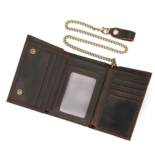 LUUFAN Vintage Trifold Rindsleder Top Grain Leder Geldbörse mit Anti-Diebstahl-Kette für Herren Bargeld Münze Kreditkarte Geldbörse mit Ausweisfenster, Dunkelbraun, 6006SZ, Dreifach gefaltete von LUUFAN