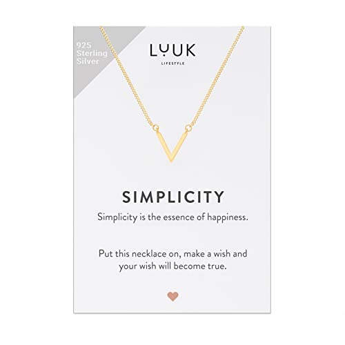 LUUK LIFESTYLE Halskette aus 925er Sterlingsilber mit Victory | V Zeichen Anhänger und Karte mit SIMPLICITY Spruch, Glücksbringer auf Reise, handgefertigt, Modeschmuck für Frauen, Geschenkkarte, Gold von LUUK LIFESTYLE