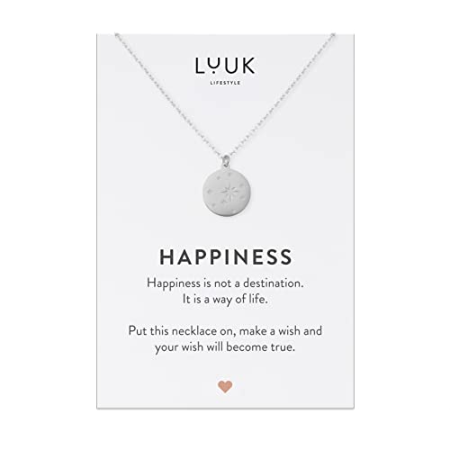 LUUK LIFESTYLE Edelstahlkette mit Sternenhimmel Anhänger und HAPPINESS Spruchkarte, wasserfest, filigranes und dezentes Modeaccessoire, moderner und schicker Stil, Geschenkidee, Silber von LUUK LIFESTYLE