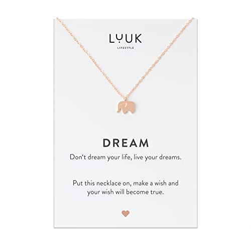 LUUK LIFESTYLE Edelstahl Halskette mit Herz/Stern / Elefant Anhänger und Dream Spruchkarte, Glücksbringer, Damen Schmuck, silber, gold, rosè, Rosè, one size von LUUK LIFESTYLE