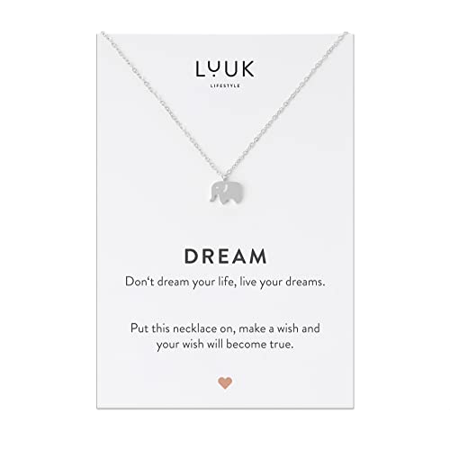 LUUK LIFESTYLE Edelstahl Halskette mit Herz/Stern / Elefant Anhänger und Dream Spruchkarte, Glücksbringer, Damen Schmuck, silber, gold, rosè, Silber, one size von LUUK LIFESTYLE