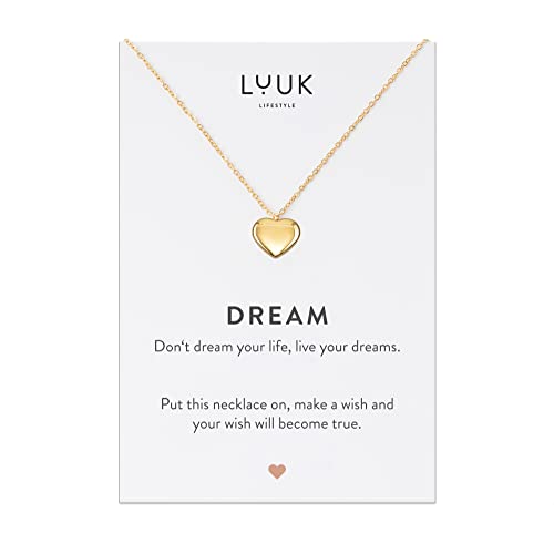 LUUK LIFESTYLE Halskette mit Herz Anhänger und DREAM Spruchkarte Verfolge deine Träume, Glücksbringer, Edelstahl, Damenschmuck, Geschenkkarte, schlichter Stil, minimalistisches Design, Gold von LUUK LIFESTYLE