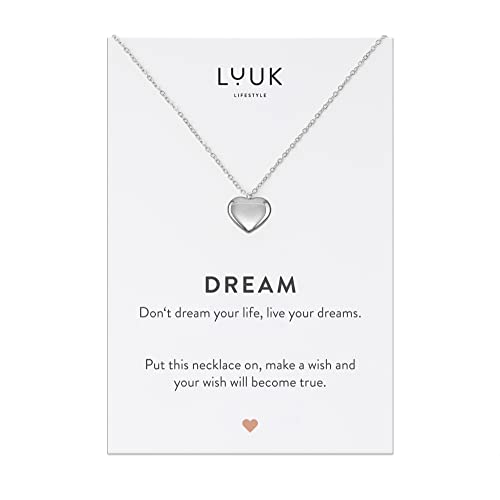 LUUK LIFESTYLE Damenschmuck, Geschenkkarte, Halskette mit Herz Anhänger und DREAM Spruchkarte, Glücksbringer, Symbol für ewige und aufrichtige Liebe, Valentinstag, Geburtstag, Silber von LUUK LIFESTYLE