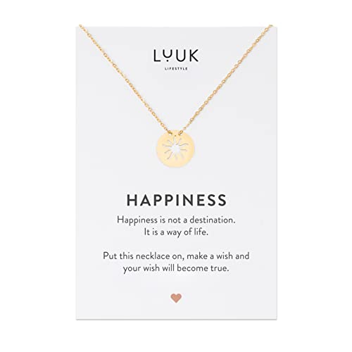 LUUK LIFESTYLE Damenhalskette Edelstahl mit Sonnen Anhänger und HAPPINESS Geschenkkarte, femininer Modeschmuck, Glücksbringer, Gold von LUUK LIFESTYLE