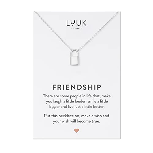 LUUK LIFESTYLE Halskette aus Edelstahl mit Vorhängeschloss Anhänger und FRIENDSHIP Spruchkarte, Geschenk zum Geburtstag, Modeaccessoire, Damenschmuck, Silber von LUUK LIFESTYLE