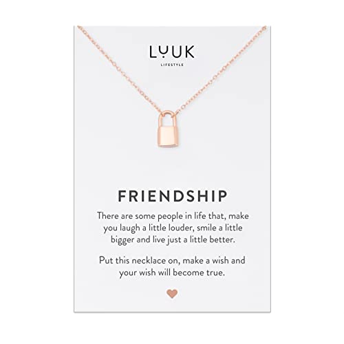 LUUK LIFESTYLE Halskette mit Vorhängeschloss Anhänger und FRIENDSHIP Spruchkarte, Geschenkidee für Frauen zum Geburtstag, Freundschaftssymbol, Rosé von LUUK LIFESTYLE