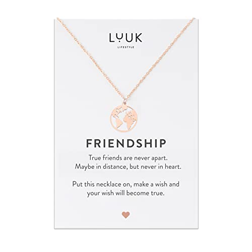 LUUK LIFESTYLE Edelstahl Freundschaftskette mit Globus | Weltkugel Anhänger und FRIENDSHIP Geschenkkarte, Frauenschmuck, Abschiedsgeschenk, Abenteuer, Reiseglücksbringer, Rosé von LUUK LIFESTYLE