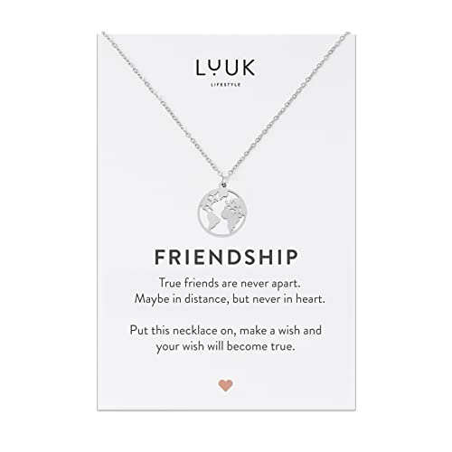 LUUK LIFESTYLE Edelstahl Freundschaftskette mit Globus I Weltkugel Anhänger und FRIENDSHIP Spruchkarte, Geschenkidee für Mutter und Tochter, Modeaccessoire, Silber von LUUK LIFESTYLE