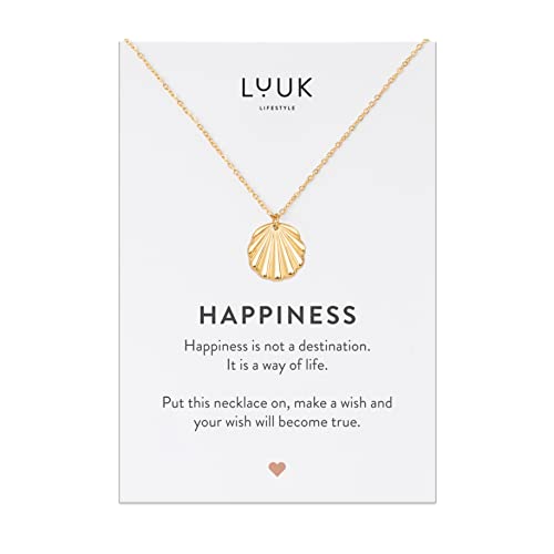 LUUK LIFESTYLE Halskette aus Edelstahl und HAPPINESS Geschenkkarte, Glücksbringer, Modeschmuck für Frauen, mit Muschel Anhänger, Modeaccessoire, Gold von LUUK LIFESTYLE