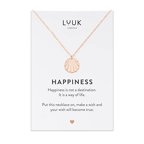 LUUK LIFESTYLE Filigrane Edelstahlkette mit Muschel Anhänger und HAPPINESS Spruchkarte, Geschenkidee, Strandschmuck, raffinierter Stil, Rosé von LUUK LIFESTYLE