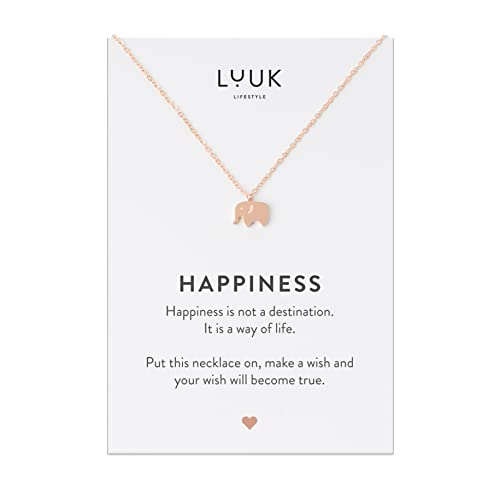 LUUK LIFESTYLE Filigrane Edelstahlkette in raffiniertem Design mit Elefantenanhänger und HAPPINESS Geschenkkarte, Glücksbringer auf Reise, Modeschmuck für Frauen, Geburtstag, Rosé von LUUK LIFESTYLE