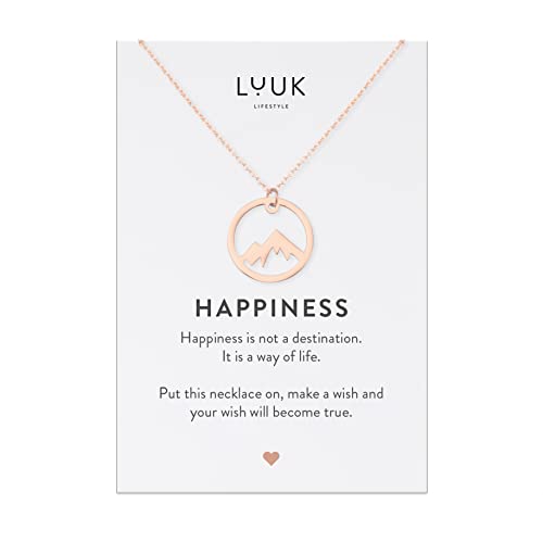 LUUK LIFESTYLE Edelstahl Halskette mit Berg | Gipfel Anhänger, 50 cm individuell verstellbare Kettenlänge, Damenschmuck, HAPPINESS Spruchkarte, Geschenkidee für Frau, Roségold von LUUK LIFESTYLE