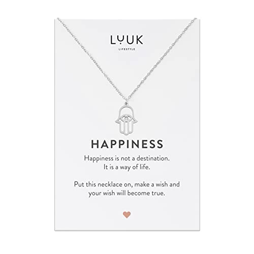 LUUK LIFESTYLE Edelstahl Halskette mit Fatima | Buddha Hand Anhänger und HAPPINESS Geschenkkarte, Zen Glücksbringer, Hippie Boho Style, Silber von LUUK LIFESTYLE