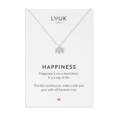 LUUK LIFESTYLE Damenhalskette aus Edelstahl mit Elefant Anhänger und HAPPINESS Spruchkarte, feminines Modeaccessoire, Geschenk zum Geburtstag, Silber von LUUK LIFESTYLE