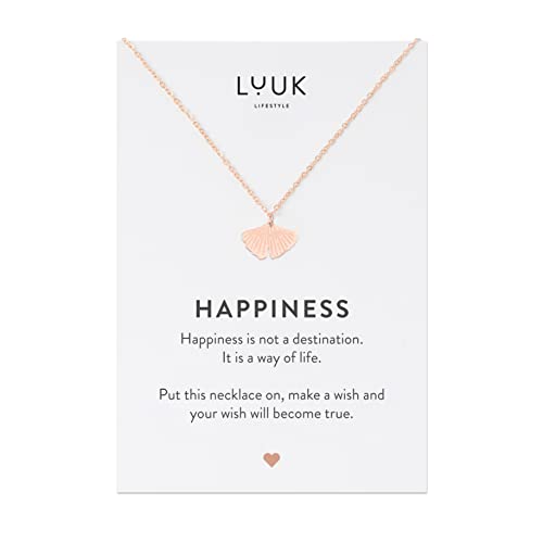 LUUK LIFESTYLE Halskette mit Ginkgo Blatt Anhänger und HAPPINESS Spruchkarte, Edelstahl, Freundschaftskette, Geschenkidee für Frauen und Teenagerin, Rosé von LUUK LIFESTYLE