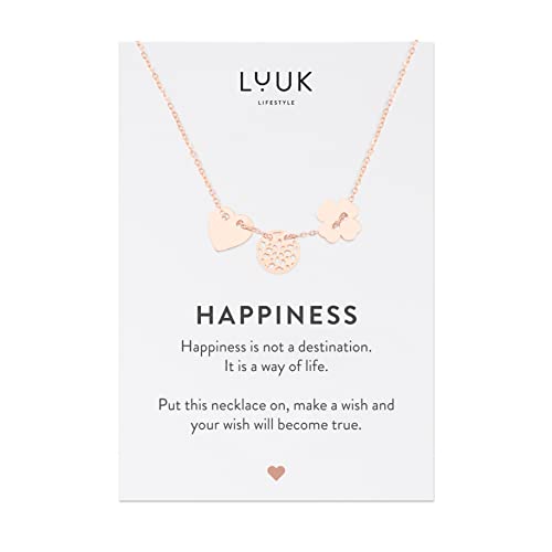 LUUK LIFESTYLE Halskette aus Edelstahl mit Mandala-, Herz- und Kleeblattanhängern, mit HAPPINESS Geschenkkarte, femininer Schmuck, Glücksbringer, minimalistischer Stil, Rosé von LUUK LIFESTYLE