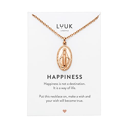 LUUK LIFESTYLE Edelstahl Halskette mit Jungfrau Maria Anhänger, HAPPINESS Spruchkarte, Glücksbringer, verstellbare Kette, Geschenk zur Taufe, Kommunion, Rosa von LUUK LIFESTYLE