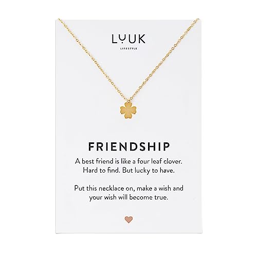 LUUK LIFESTYLE Filigrane Damenkette mit 4-blättrigem Klee Anhänger, minimalistisches Modeaccessoire, FRIENDSHIP Spruchkarte, Geschenk für beste Freundinnen, Gold von LUUK LIFESTYLE