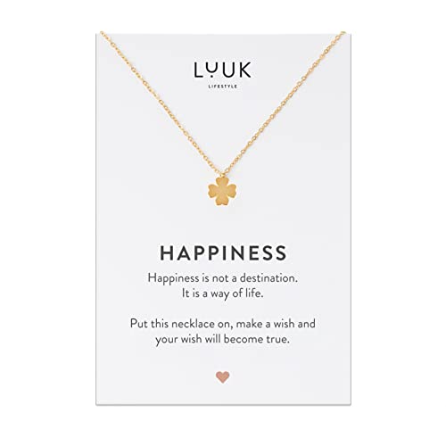 LUUK LIFESTYLE Damenkette aus Edelstahl mit 4-blättrigem Klee Anhänger und HAPPINESS Karte, Modeschmuck für Frauen und Teenagerin, Glücksbringer & Modeaccessoire, Gold von LUUK LIFESTYLE