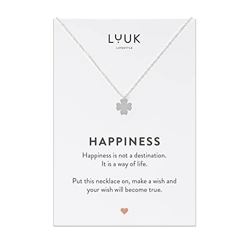 LUUK LIFESTYLE Hochwertige Damenhalskette mit Kleeblatt Anhänger aus Edelstahl, HAPPINESS Geschenkkarte, eleganter Schmuck, Zeichen des Glücks und Neuanfangs, Silber von LUUK LIFESTYLE