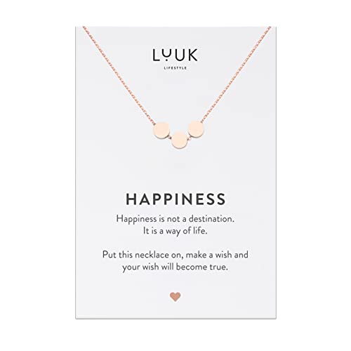 LUUK LIFESTYLE Filigrane Halskette aus Edelstahl mit 3 runden Anhängern | Plättchen und HAPPINESS Spruchkarte, Geschenk zum Geburtstag, femininer Modeschmuck, Rosé von LUUK LIFESTYLE