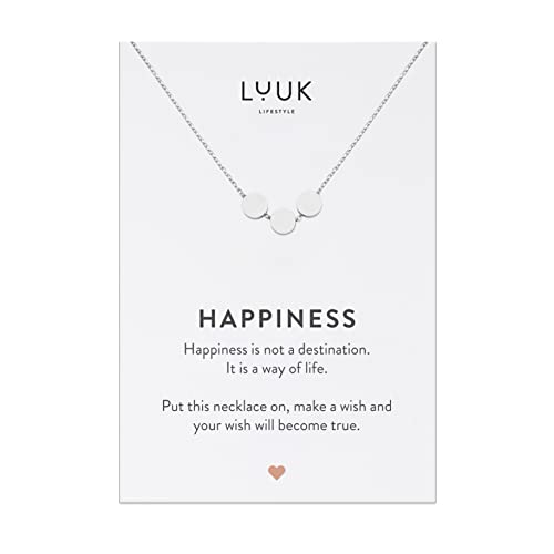 LUUK LIFESTYLE Edelstahl Halskette für Frauen mit 3 Kreisen | Coins | Plättchen Anhänger und HAPPINESS Spruchkarte, kreisförmiges Design, Silber von LUUK LIFESTYLE