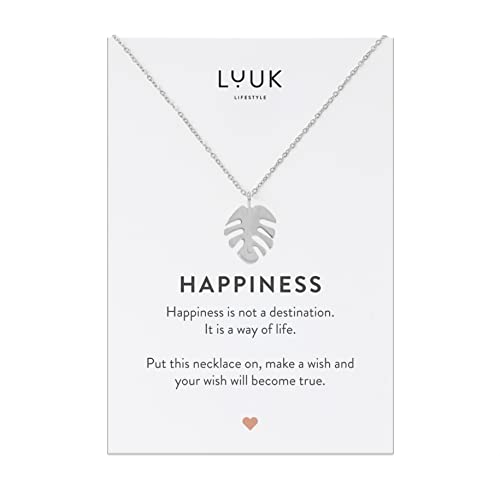 LUUK LIFESTYLE Damen Halskette aus Edelstahl mit Monstera Blatt Anhänger und HAPPINESS Geschenkkarte, Symbol der Natur, Frauenschmuck, Silber von LUUK LIFESTYLE