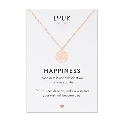 LUUK LIFESTYLE Filigrane Edelstahlkette mit Lebensbaum Anhänger und Happiness Geschenkkarte, Zen Glücksbringer, Wander- und Trekking Accessoire, Roségold von LUUK LIFESTYLE