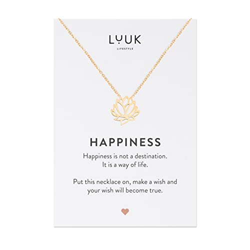 LUUK LIFESTYLE Halskette aus Edelstahl mit Lotusblüte Anhänger und HAPPINESS Geschenkkarte, eleganter Stil, minimalistisches Zen Modeaccessoire, Gold von LUUK LIFESTYLE