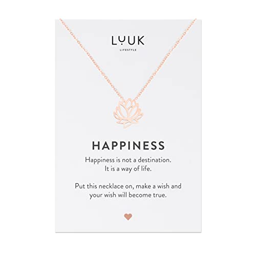 LUUK LIFESTYLE Halskette mit Lotusblüte Anhänger & HAPPINESS Spruchkarte, Symbole Asiens, Modeschmuck aus Edelstahl, Liebhaberin asiatischer Kultur, Rosé von LUUK LIFESTYLE