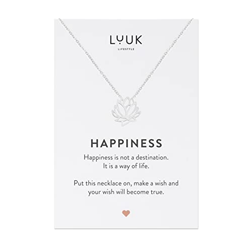 LUUK LIFESTYLE Damenhalskette aus Edelstahl mit Lotus Anhänger und Happiness Spruchkarte, asiatisches Zen Blumen Muster, Yoga-Schmuck, Silber von LUUK LIFESTYLE