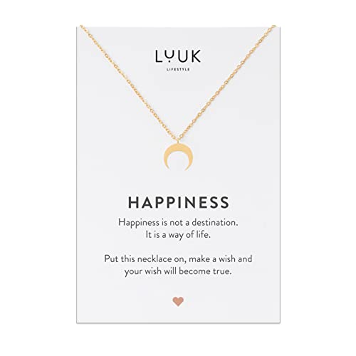 LUUK LIFESTYLE Damen Halskette mit Mond Anhänger und Happiness Spruchkarte, minimalistisches Modeaccessoire, Geschenk für Valentinstag, alltagstauglicher Schmuck, Gold von LUUK LIFESTYLE