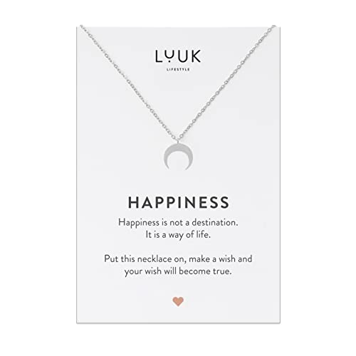 LUUK LIFESTYLE Halskette aus Edelstahl mit Mond Anhänger und HAPPINESS Spruchkarte, Symbol der Natur, Modeaccessoire, Damenschmuck, Silber von LUUK LIFESTYLE