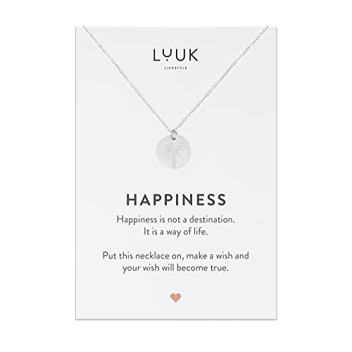 LUUK LIFESTYLE Edelstahl Halskette für Frauen mit Palme Anhänger und HAPPINESS Spruchkarte, Geschenkidee zum Geburtstag, Strandmotiv, Silber von LUUK LIFESTYLE