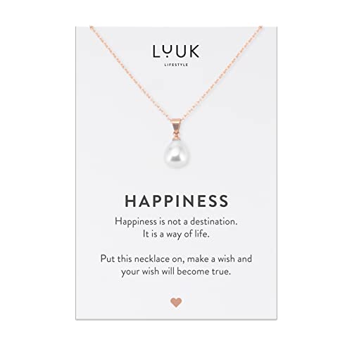 LUUK LIFESTYLE Edelstahl Halskette mit Perlen Anhänger, 50 cm individuell verstellbare Kettenlänge, Damenschmuck, HAPPINESS Spruchkarte, Geschenk für Freundin, Verlobte, Rosa von LUUK LIFESTYLE