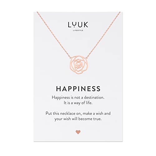 LUUK LIFESTYLE Filigrane Halskette aus Edelstahl, HAPPINESS Spruchkarte, Glücksbringer, femininer Modeschmuck mit Blumen Anhänger, Rosé von LUUK LIFESTYLE