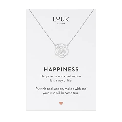 LUUK LIFESTYLE Damen Halskette aus hochwertigem Edelstahl mit Blume | Rose Anhänger und HAPPINESS Spruchkarte, Schmuck mit Blumenmuster, Silber von LUUK LIFESTYLE