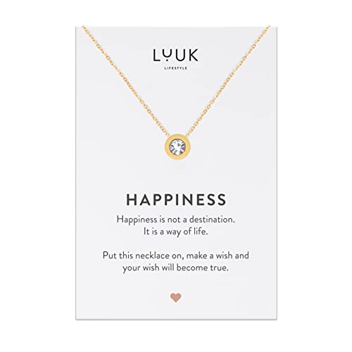 LUUK LIFESTYLE Halskette aus Edelstahl mit Strassstein Anhänger, modernes und minimalistisches Modeaccessoire, HAPPINESS Spruchkarte, Valentinstaggeschenk, Gold von LUUK LIFESTYLE