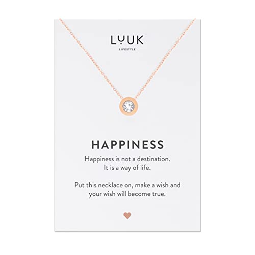 LUUK LIFESTYLE Filigrane Edelstahlkette mit Strass Anhänger und HAPPINESS Spruchkarte, Geschenkidee, Modeschmuck, Geschenkidee für die Freundin, Rosé von LUUK LIFESTYLE