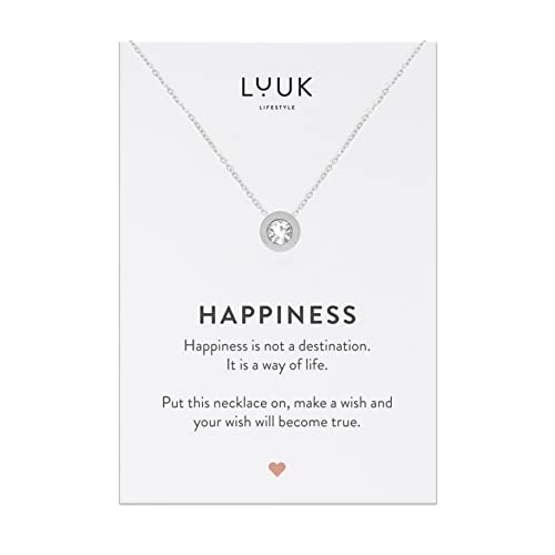 LUUK LIFESTYLE Damenhalskette mit Strass Stein Anhänger, Edelstahl und HAPPINESS Geschenkkarte, elegantes schlichter Magneteffekt, Freundschaftskette, Silber von LUUK LIFESTYLE