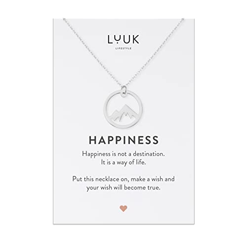 LUUK LIFESTYLE Edelstahl Halskette mit Alpengipfel | Berg Anhänger und HAPPINESS Karte, 50 cm verstellbare Länge, Geschenkidee für Frauen, Geburtstag, trendiger minimalistischer Stil, Silber von LUUK LIFESTYLE