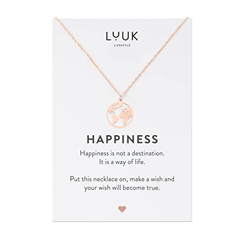 LUUK LIFESTYLE Filigrane Edelstahlkette mit Globus Anhänger und HAPPINESS Spruchkarte, Geschenkidee für Verlobte zum Valentinstag, Rosa von LUUK LIFESTYLE