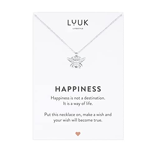 LUUK LIFESTYLE Halskette mit Bienen Anhänger aus Edelstahl, verstellbare Kette, Schmuck für Frauen, HAPPINESS Spruchkarte, Glücksbringer, Geschenkidee zum Geburtstag, Silber von LUUK LIFESTYLE