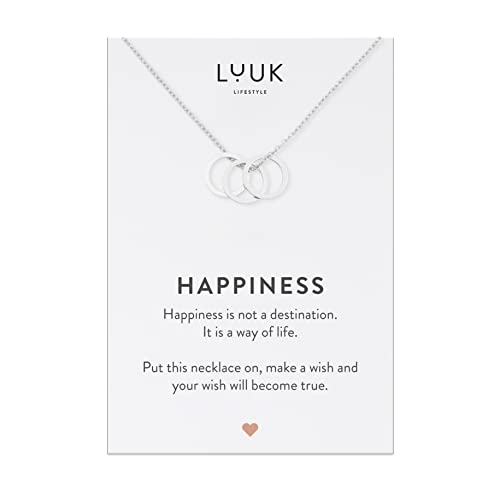 LUUK LIFESTYLE Edelstahl Halskette mit 3 Ringen Anhänger und HAPPINESS Spruchkarte, alltagstaugliches und wasserfestes Modeaccessoire, Silber von LUUK LIFESTYLE