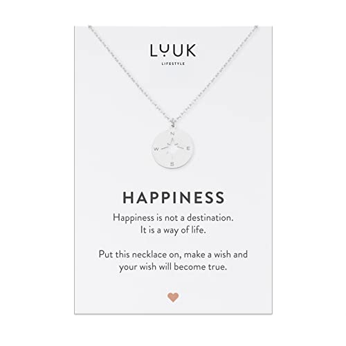 LUUK LIFESTYLE Edelstahlkette mit Kompass Anhänger und HAPPINESS Spruchkarte, Glücksbringer, Freundschaftskette, Modeaccessoire, Silber von LUUK LIFESTYLE