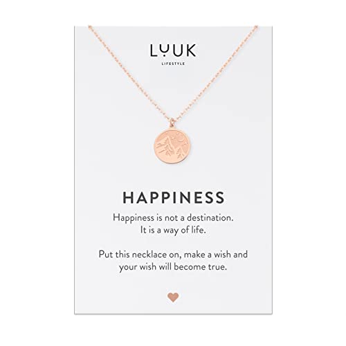 LUUK LIFESTYLE Edelstahlkette mit Gipfel l Bergsteiger Anhänger und HAPPINESS Geschenkkarte, Glücksbringer auf Reise, Freundschaftskette, Rosé von LUUK LIFESTYLE