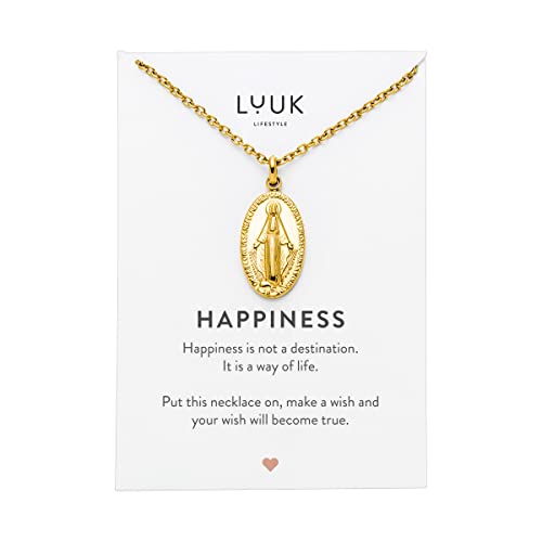 LUUK LIFESTYLE Edelstahlkette mit Jungfrau Maria Anhänger und HAPPINESS Spruchkarte, Glücksbringer, Frauenschmuck, verstellbare Kette, Marienbild als Schutztalisman, Gold von LUUK LIFESTYLE