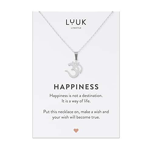 LUUK LIFESTYLE Feminine Halskette aus Edelstahl mit Om I Goa Anhänger, 50 cm verstellbare Kettenlänge, Damenschmuck HAPPINESS Geschenkkarte, buddhistisches Zen Symbol, Glücksbringer Asiens, Silber von LUUK LIFESTYLE