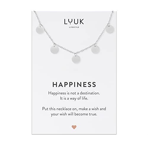 LUUK LIFESTYLE Filigrane Edelstahlkette mit Plättchen | Coins Anhängern, 50 cm verstellbare Kettenlänge, Casual Chic Schmuck, HAPPINESS Spruchkarte, Silber von LUUK LIFESTYLE