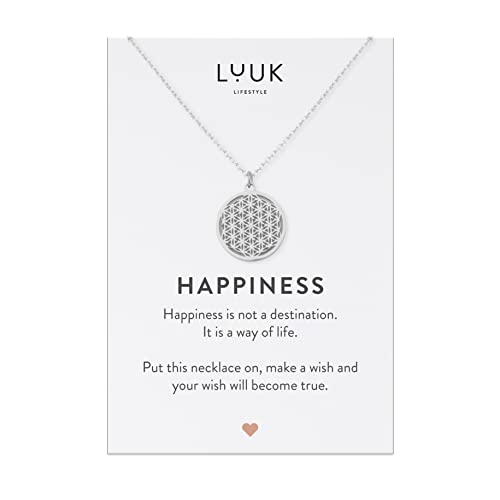 LUUK LIFESTYLE Filigrane Halskette mit „Blume des Lebens“ Anhänger aus Edelstahl, Geschenk für Frauen, schlichtes Design, HAPPINESS Spruchkarte, Freundschaftskette, Silber von LUUK LIFESTYLE